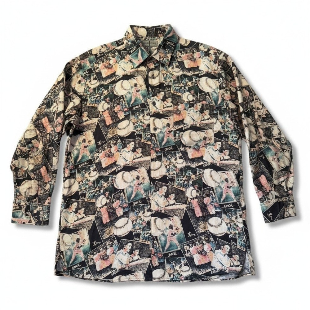 Robert‎ Stock Mens XL 100% Silk Vintage Baseball Novelty Print Button Down Shirt